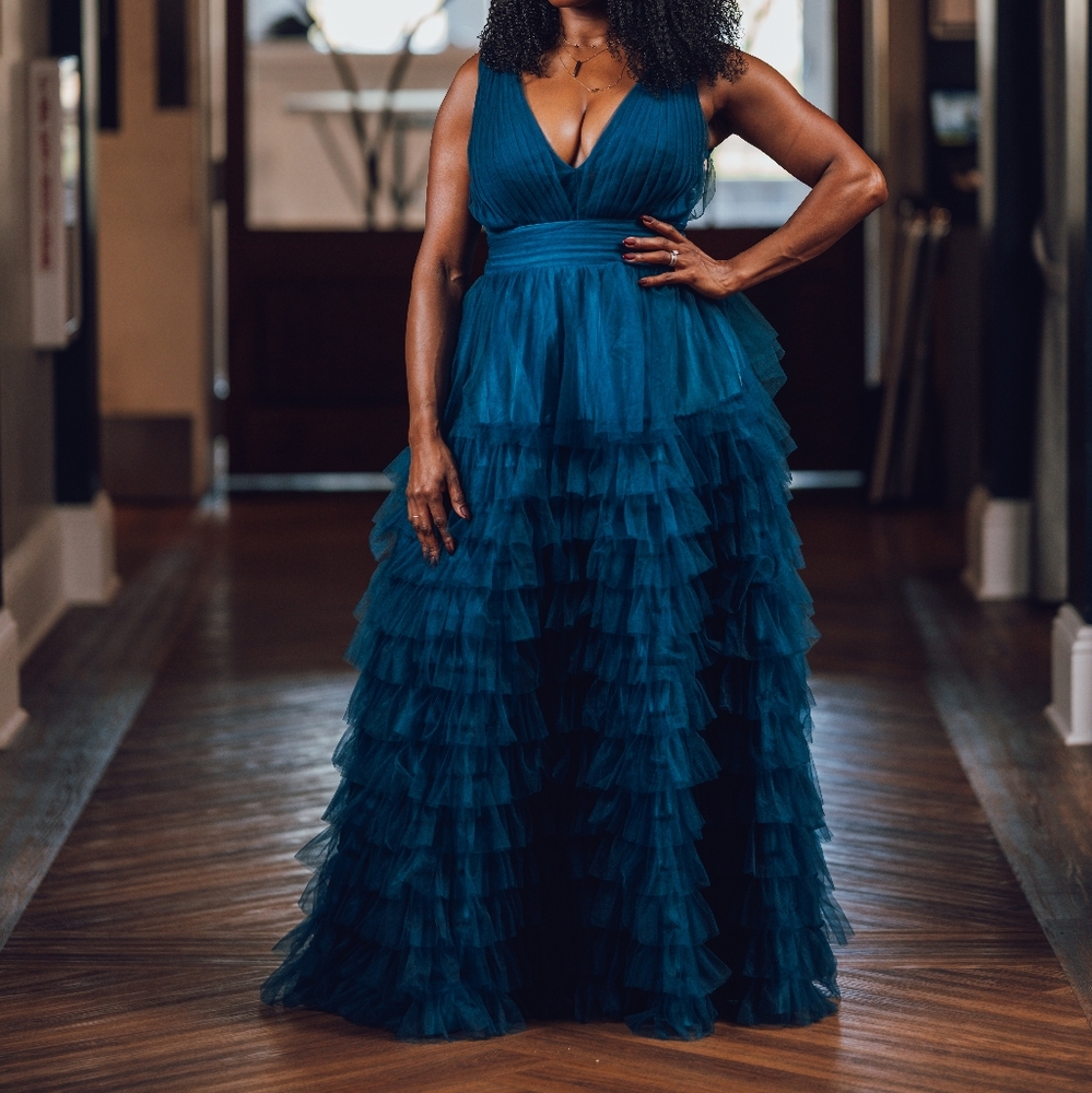 Peacock Colored Ruffled Dress